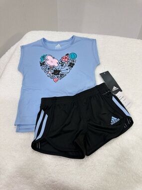 Girl’s Adidas Light Blue Graphic Heart Tee with Black Shorts Set